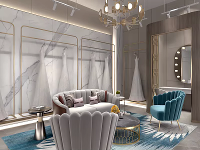 Bridal Shop Interior With Marble Walls Wedding Dresses Sofa Blue Armchair And Chandelier 3d model