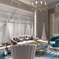 Bridal Shop Interior With Marble Walls Wedding Dresses Sofa Blue Armchair And Chandelier