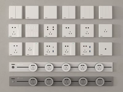 Modern White Switch Panels With Single Double Switches And Socket Outlets 3d model