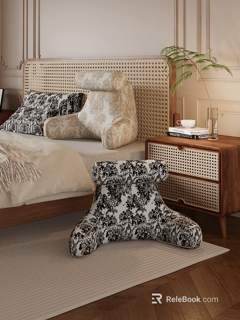 Double Bed With Rattan Headboard And Decorative Pillows By Wooden Nightstand 3d model 