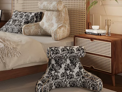 Double Bed With Rattan Headboard And Decorative Pillows By Wooden Nightstand 3d model