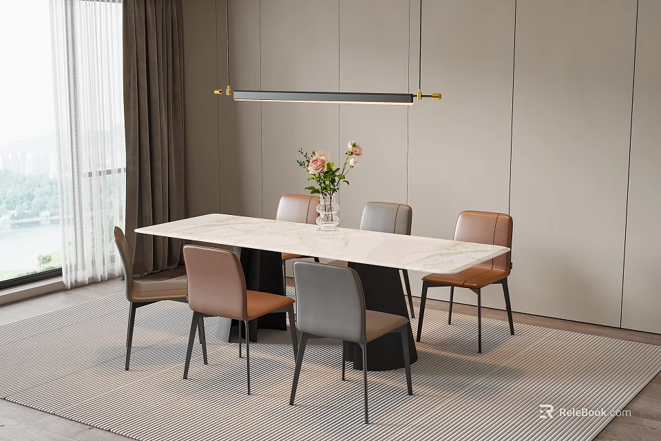 Modern Dining Table Set With Marble Top Upholstered Chairs Pendant Light And Flower Vase 3d model 