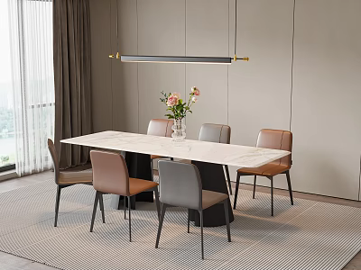 Modern Dining Table Set With Marble Top Upholstered Chairs Pendant Light And Flower Vase 3d model