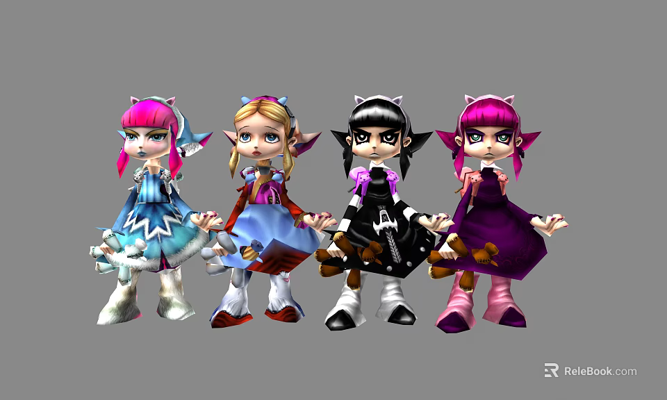 Vibrant Cartoon Game Movie Characters With Unique Hairstyles And Colorful Outfits 3d model 