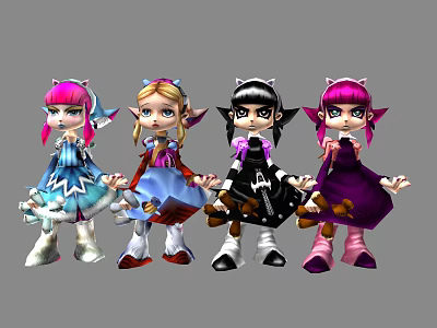 Vibrant Cartoon Game Movie Characters With Unique Hairstyles And Colorful Outfits 3d model