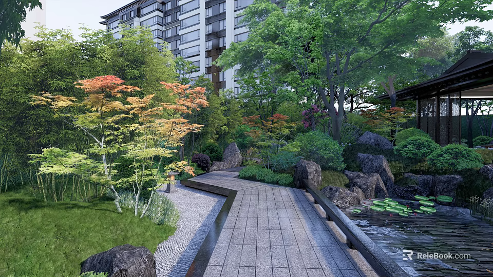 Tranquil Residential Landscape With Lush Greenery Diverse Trees Stone Pathway Rock Formations And Small Pond 3d model 