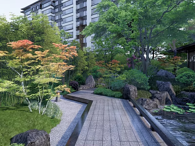Tranquil Residential Landscape With Lush Greenery Diverse Trees Stone Pathway Rock Formations And Small Pond 3d model