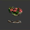 Elegant Red Roses with Green Leaves in Ornate Vase and Decorative Base