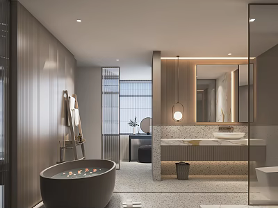 Modern Bathroom Interior With Freestanding Bathtub Vanity Mirror And Soft Lighting 3d model