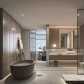 Modern Bathroom Interior With Freestanding Bathtub Vanity Mirror And Soft Lighting