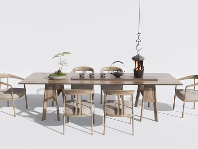 Elegant Tea Table And Chairs With Wooden Top Tea Set And Hanging Lamp 3d model