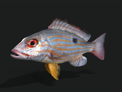 Vibrant Aquatic Fish With Red Eyes Yellow Blue Stripes And Black Spots 3d model