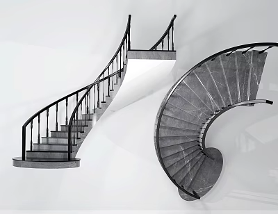 Modern Spiral Staircase Design With Black Metal Railings And Concrete Steps 3d model