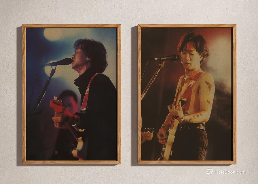 Portrait Paintings Of Musicians Playing Guitar With Microphone In Stage Performance Scene 3d model 