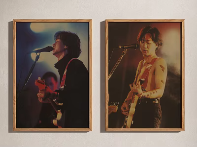 Portrait Paintings Of Musicians Playing Guitar With Microphone In Stage Performance Scene 3d model
