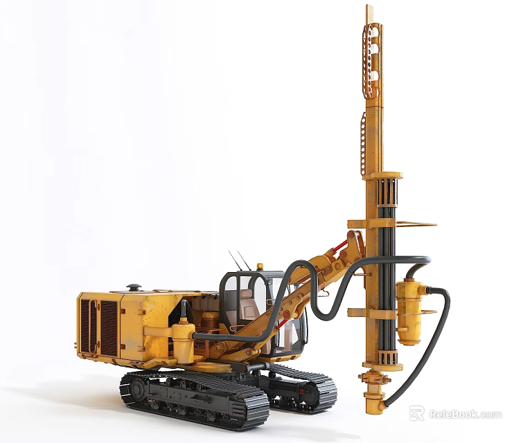 Yellow Tracked Industrial Drilling Equipment with Tall Drill Rod and Hydraulic Hoses 3d model 