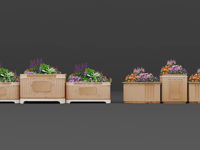 Wooden Flower Stands With Colorful Purple And Orange Flowers For Garden Decoration 3d model