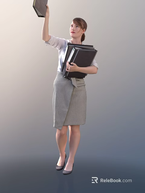 Professional Woman Holding Multiple Folders Wearing Shirt And Plaid Skirt Against Gray Background 3d model 