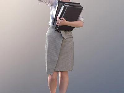 Professional Woman Holding Multiple Folders Wearing Shirt And Plaid Skirt Against Gray Background 3d model