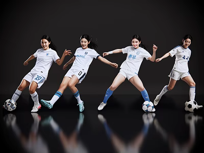 Women Soccer Players In White Sportswear With Dynamic Movements And Soccer Balls Against Black Background 3d model