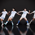 Women Soccer Players In White Sportswear With Dynamic Movements And Soccer Balls Against Black Background