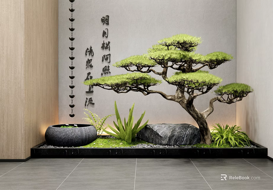 Indoor Landscape Design With Bonsai Pine Chinese Calligraphy Black Basin And Green Plants 3d model 