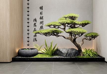 New Chinese Zen Style Indoor Landscape Landscaping Patio Indoor Landscape Welcome Pine Stone Water Bowl Rain Chain Courtyard Sick 3d model