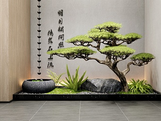 New Chinese Zen Style Indoor Landscape Landscaping Patio Indoor Landscape Welcome Pine Stone Water Bowl Rain Chain Courtyard Sick 3d model