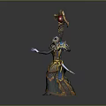 Horned Fantasy Game Character Wielding Ornate Staff With Red Gem And Elaborate Attire