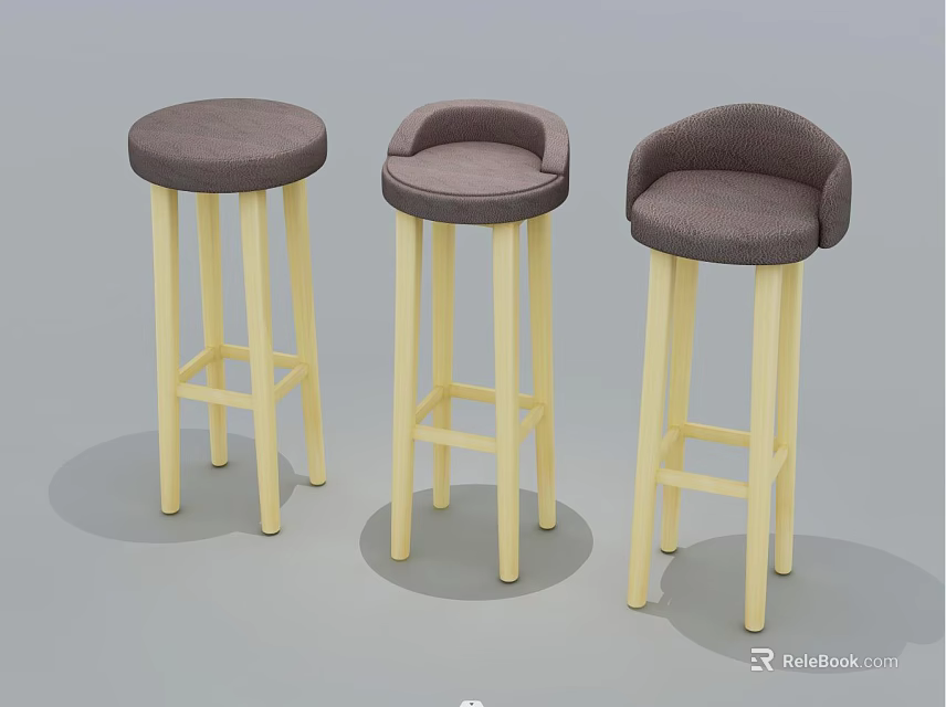 Stylish Bar Stools Featuring Light Wooden Legs Dark Padded Seats And Various Backrests 3d model 