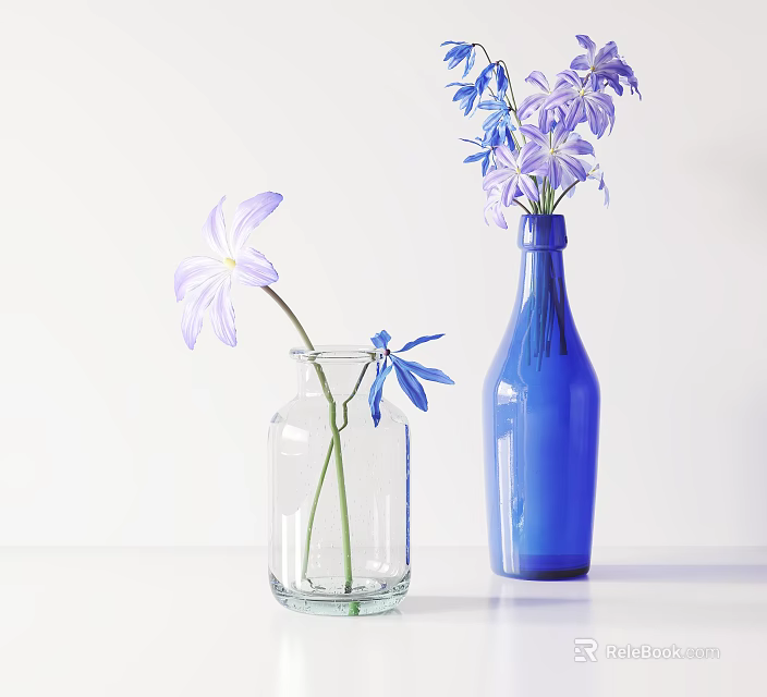 Transparent Glass And Blue Bottle Vases With Purple Blue Flowers On White Surface 3d model 