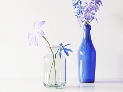 Transparent Glass And Blue Bottle Vases With Purple Blue Flowers On White Surface 3d model