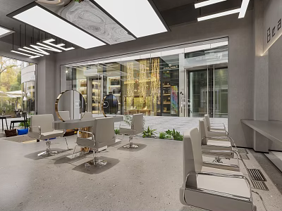 Modern Beauty Salon Interior Design With Glass Windows White Chairs And Waiting Area 3d model