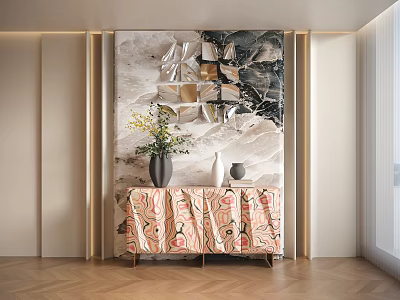 Modern Foyer Hallway Interior Design With Artistic Wall Decorative Cabinet And Flower Vase 3d model