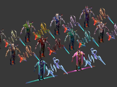 Colorful Game Characters With Various Costumes Weapons And Diverse Poses 3d model