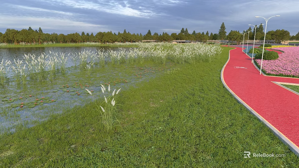 Scenic Park Landscape With Lake Reeds Green Grass And Red Path Along Trees 3d model 