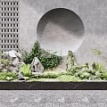 Modern Courtyard Garden Featuring Circular Window Lattice Panel Grey Wall Green Plants Stones And Moss