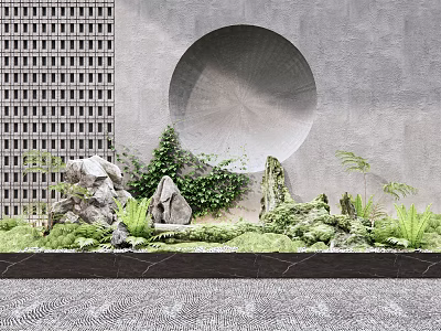 Modern Courtyard Garden Featuring Circular Window Lattice Panel Grey Wall Green Plants Stones And Moss 3d model
