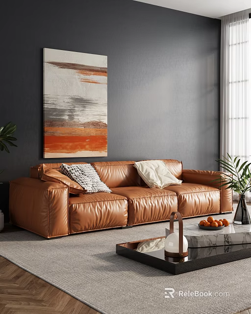 Brown Leather Three Seater Sofa With Throw Pillows And Wall Art In Living Room 3d model 