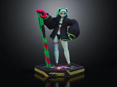 3D Splatoon Inkling Character with Light Green Hair and Black Coat Holding Green Pink Weapon 3d model