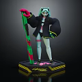 3D Splatoon Inkling Character with Light Green Hair and Black Coat Holding Green Pink Weapon