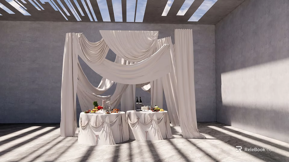 Elegant Event Setup With White Drapes Tables Fruits Wine Bottles Gray Walls And Striped Skylights 3d model 