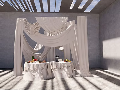 Elegant Event Setup With White Drapes Tables Fruits Wine Bottles Gray Walls And Striped Skylights 3d model