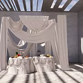Elegant Event Setup With White Drapes Tables Fruits Wine Bottles Gray Walls And Striped Skylights