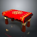 Traditional Conference Table With Red Tablecloth And Golden Decorative Patterns On Wooden Legs