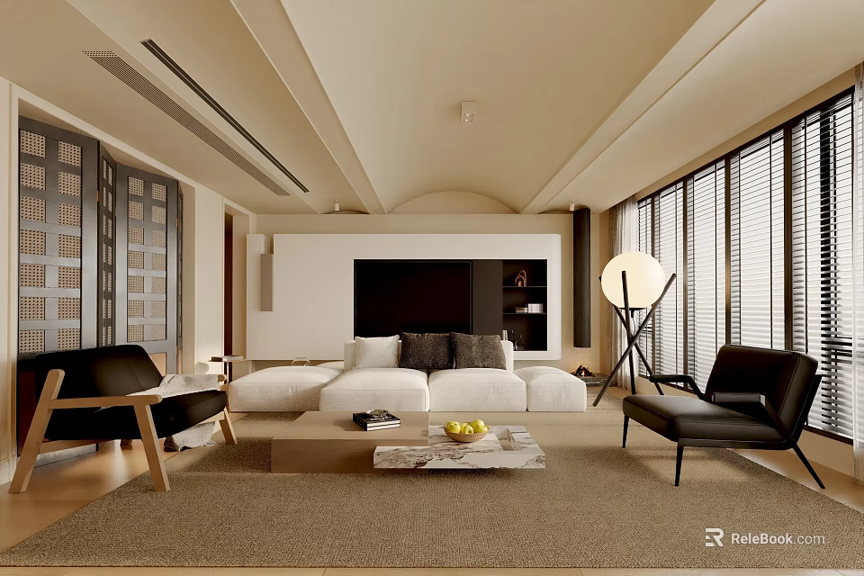 Modern Spacious Living Room With White Sofa Black Chairs Floor Lamp And Large Windows 3d model 