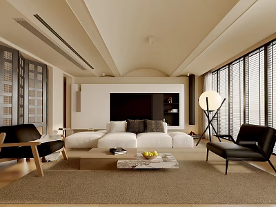 Modern Spacious Living Room With White Sofa Black Chairs Floor Lamp And Large Windows 3d model