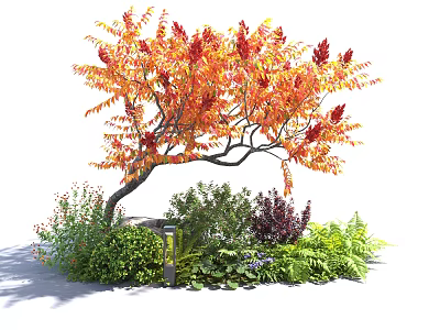 Green and Purple Shrubs in Garden With Orange Leaf Tree Small Lamp and Ferns 3d model