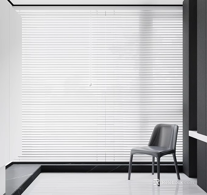 White Horizontal Blinds For Modern Window In Minimalist Interior With Gray Chair 3d model 