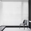 White Horizontal Blinds For Modern Window In Minimalist Interior With Gray Chair